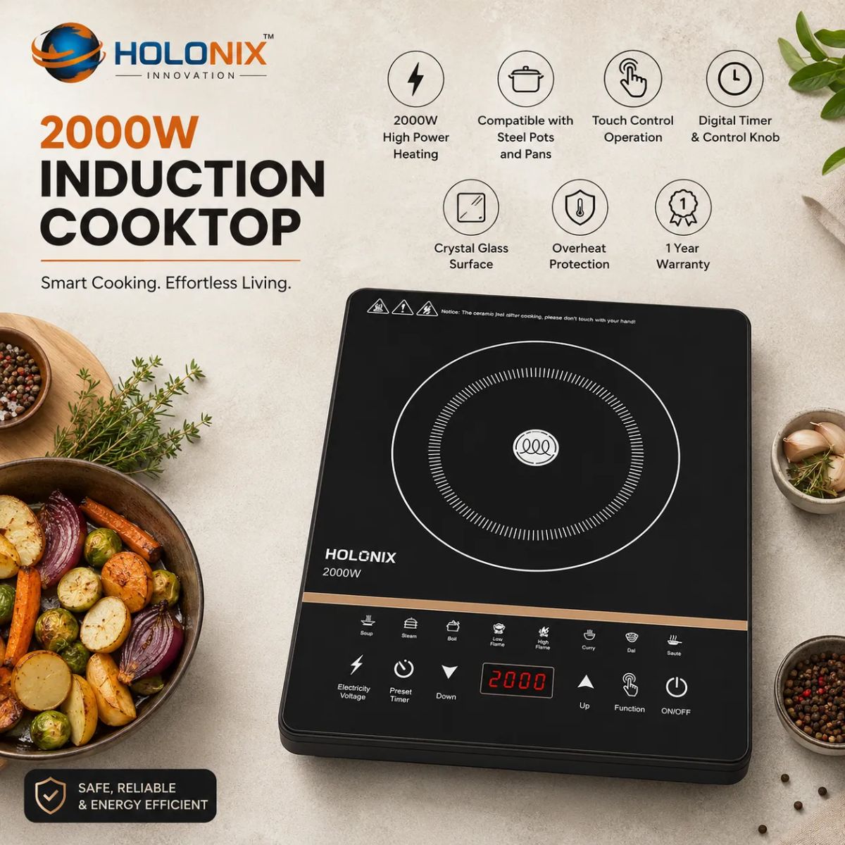 Holonix 2000W Induction Cooktop | Touch Control | Digital Timer | 1 Year Warranty