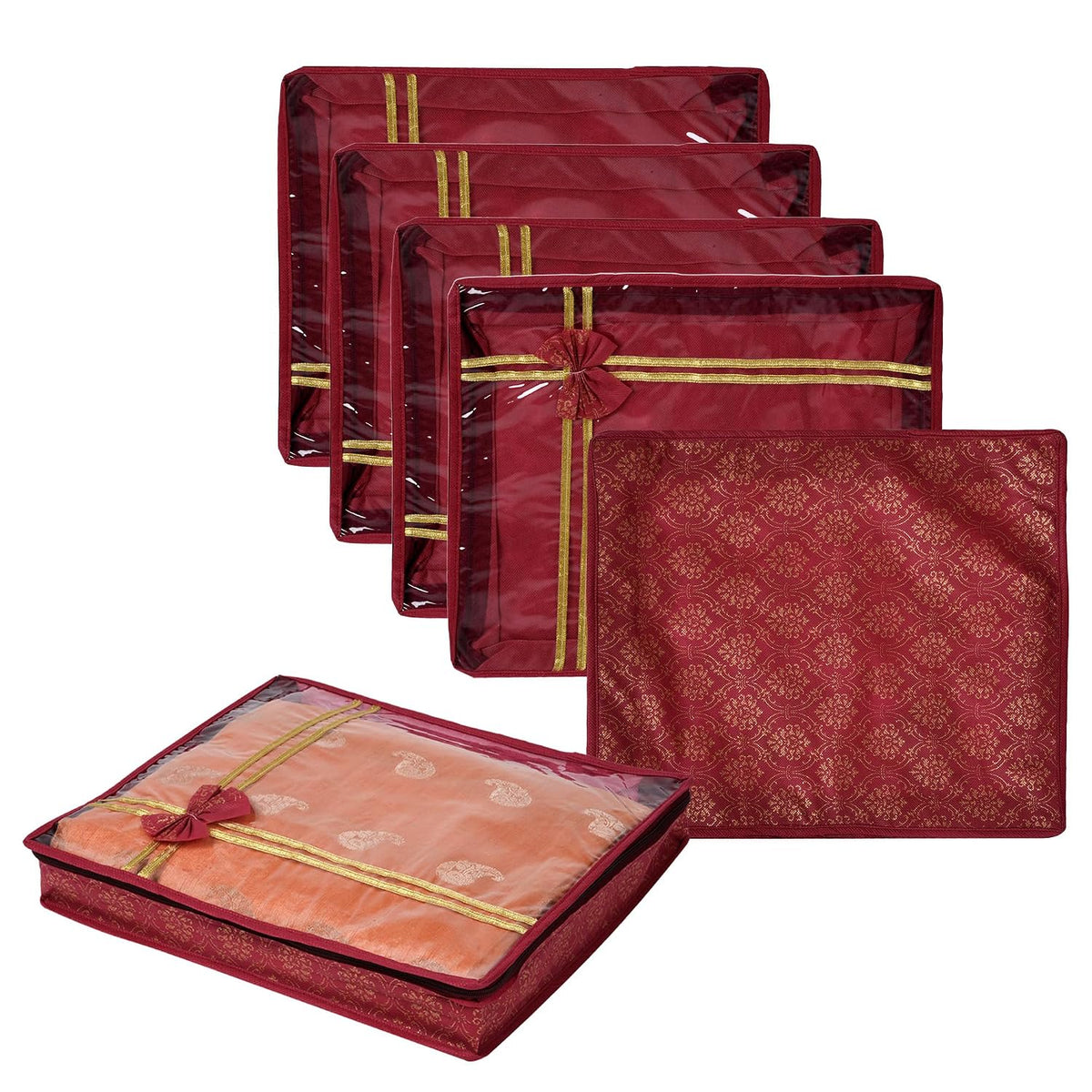 Raremore Non-Woven Saree / Clothes Storage Bag | Wardrobe Cloth Organizer | Top Visible Window Saree Bag | Bow Golden Printed | 3 Inch | Pack of 6 | Maroon