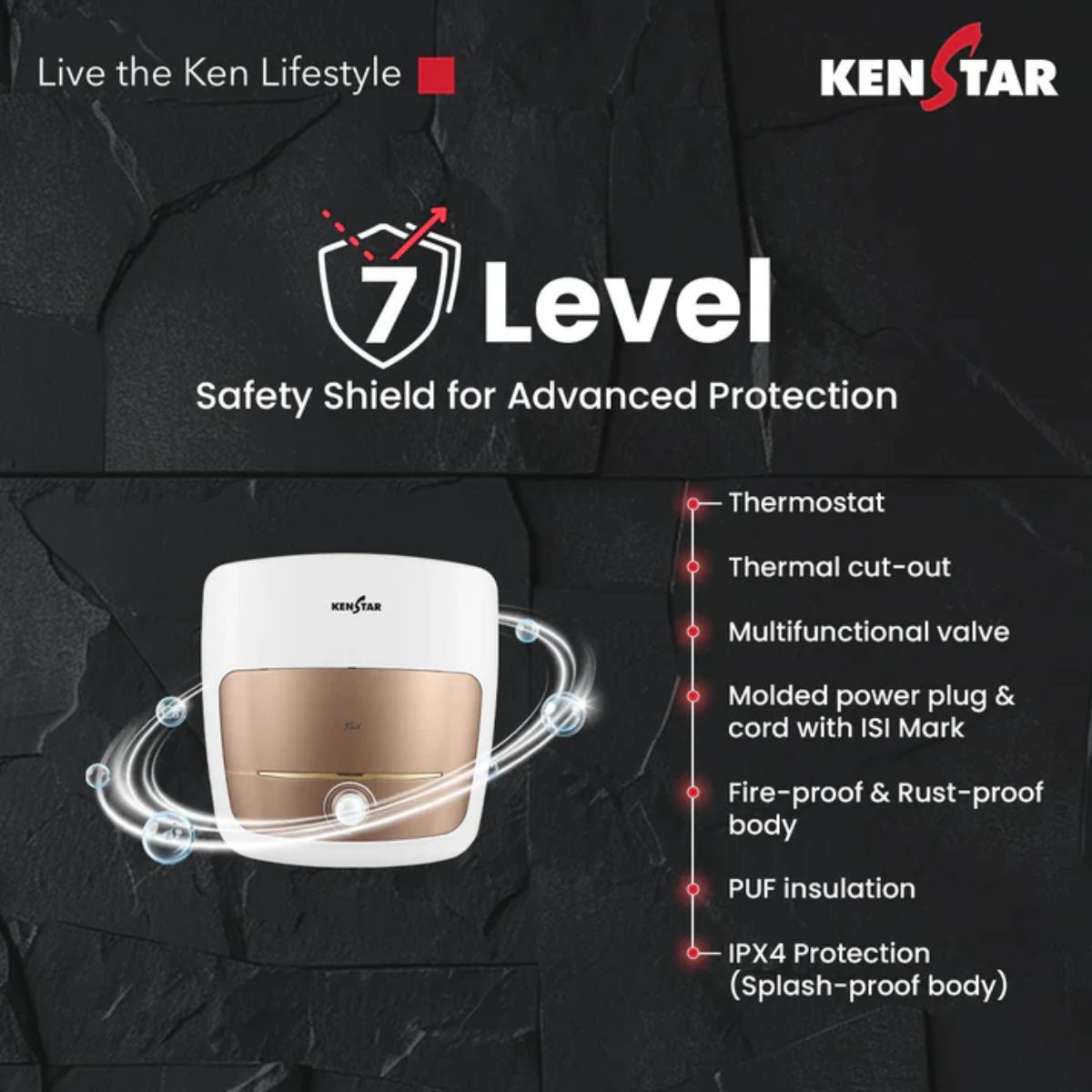 Kenstar Flux 15L 5 Star Storage Water Heater | Square Design | Polymer Tank | SwirlHeat Technology | 2 Years Warranty