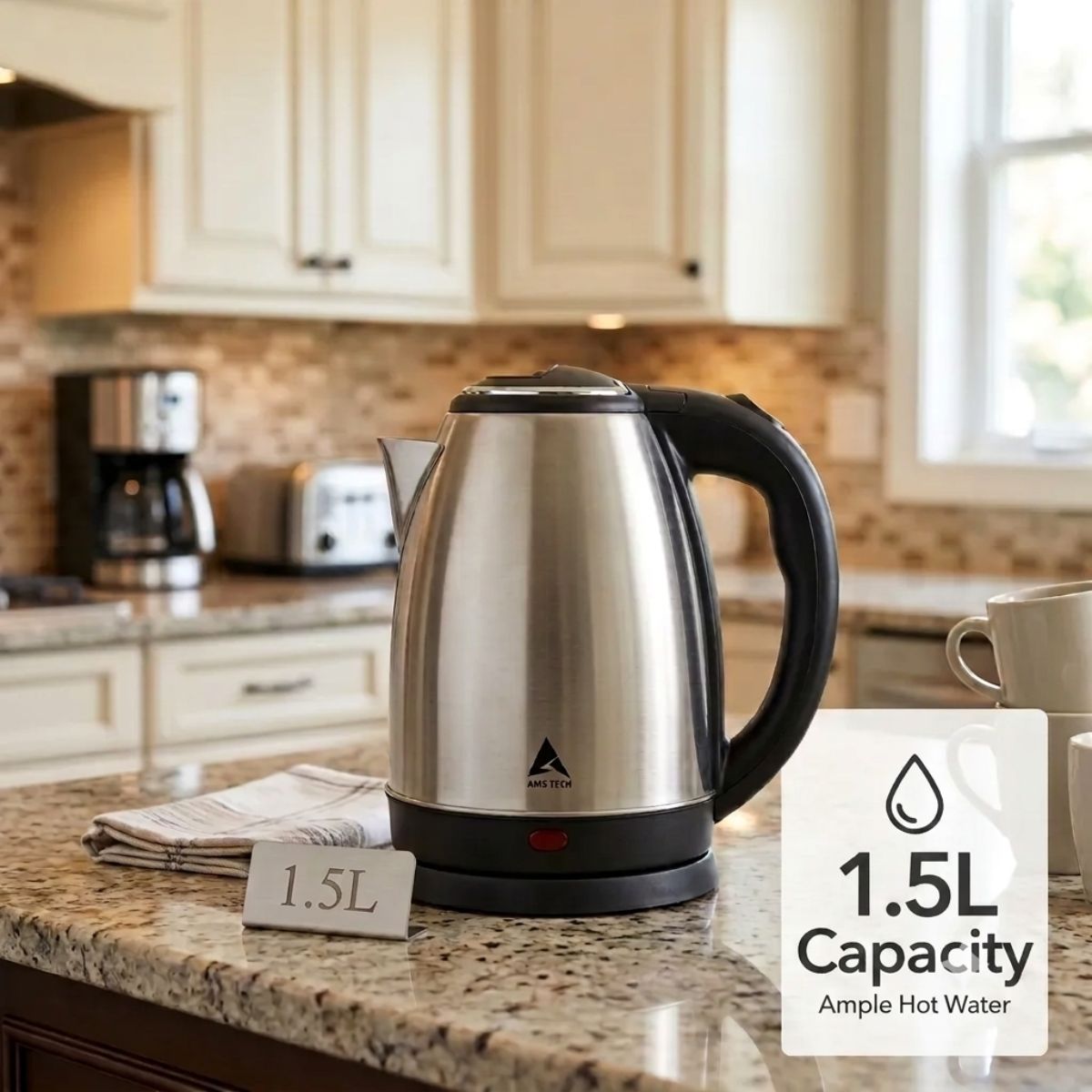 AMSTECH 1.5L Electric Kettle | 1500W | Stainless Steel Body | Auto Shut-Off | 1 Year Warranty