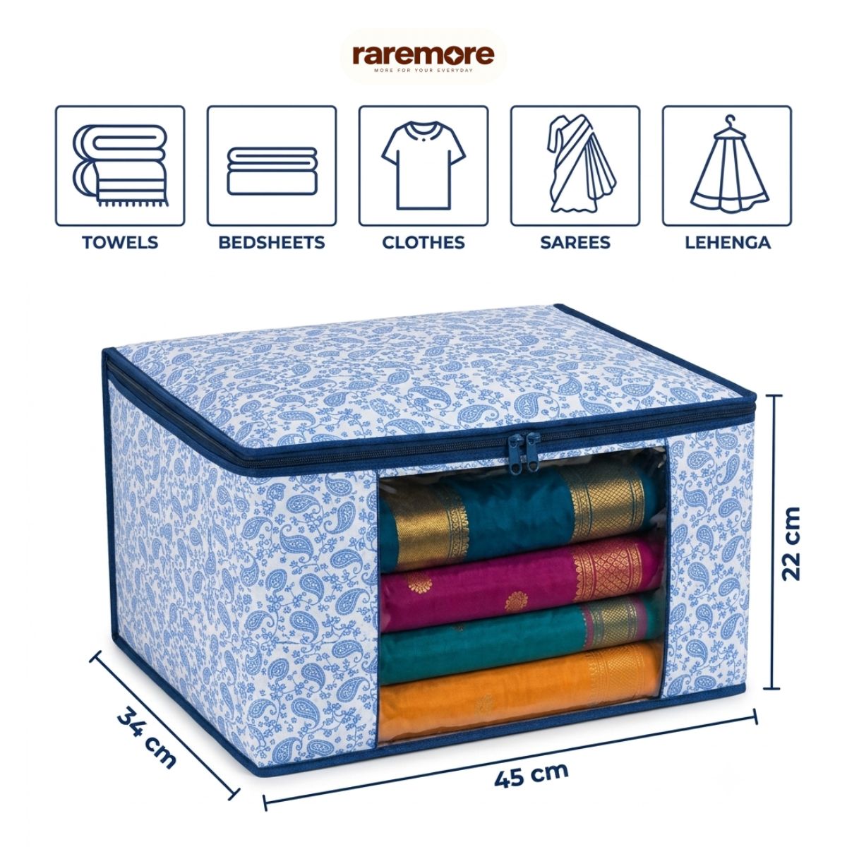Raremore Pack of 6 Premium Non-Woven Printed Saree Storage Box | 9 Inch | Cloth Storage & Wardrobe Organizer | Transparent Window | Dual Zipper with Chain Lock | 45 × 34 × 22 cm | Blue | Paisley Printed