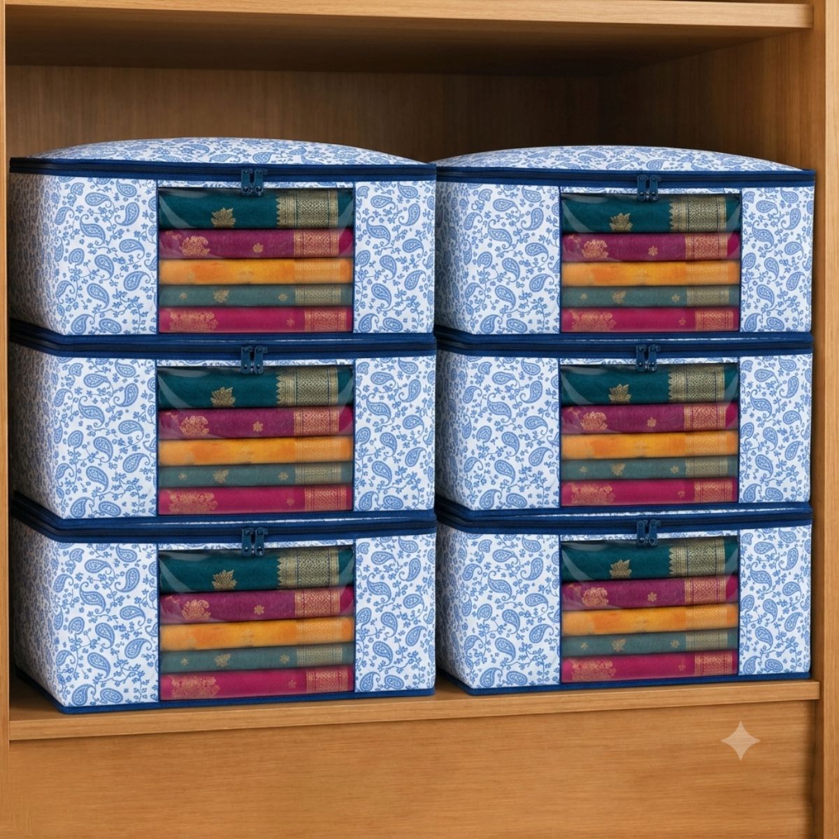 Raremore Pack of 6 Premium Non-Woven Printed Saree Storage Box | 9 Inch | Cloth Storage & Wardrobe Organizer | Transparent Window | Dual Zipper with Chain Lock | 45 × 34 × 22 cm | Blue | Paisley Printed
