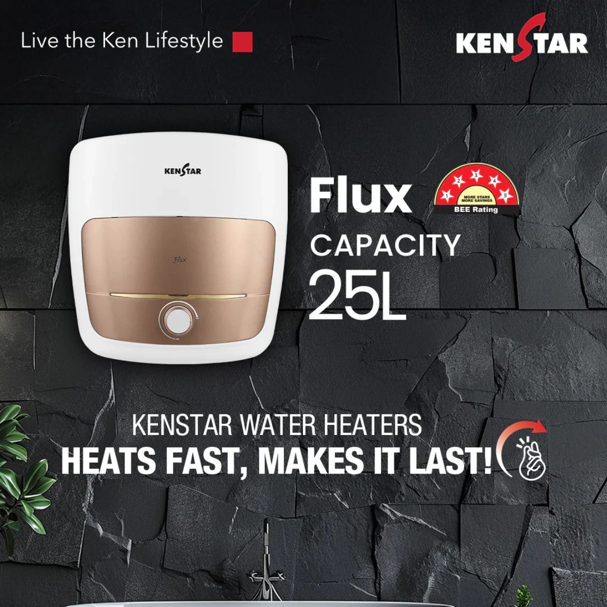 Kenstar Flux 25L 5 Star Storage Water Heater | Square Design | Polymer Tank | SwirlHeat Technology | 2 Years Warranty