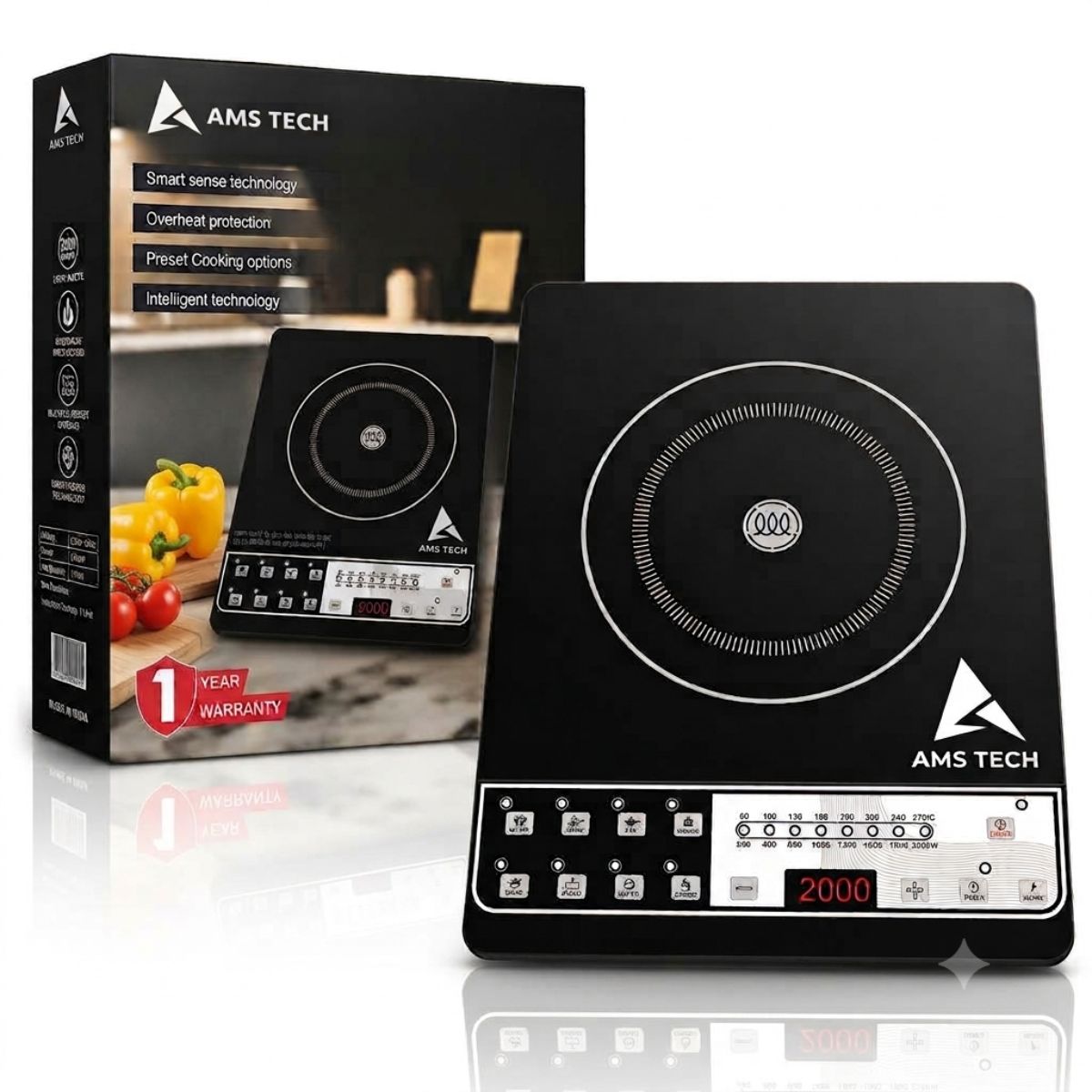 AMSTECH 2000W Induction Cooktop | Push Control | 4 Hours Timer | 24 Preset Functions | Spill Proof | Black