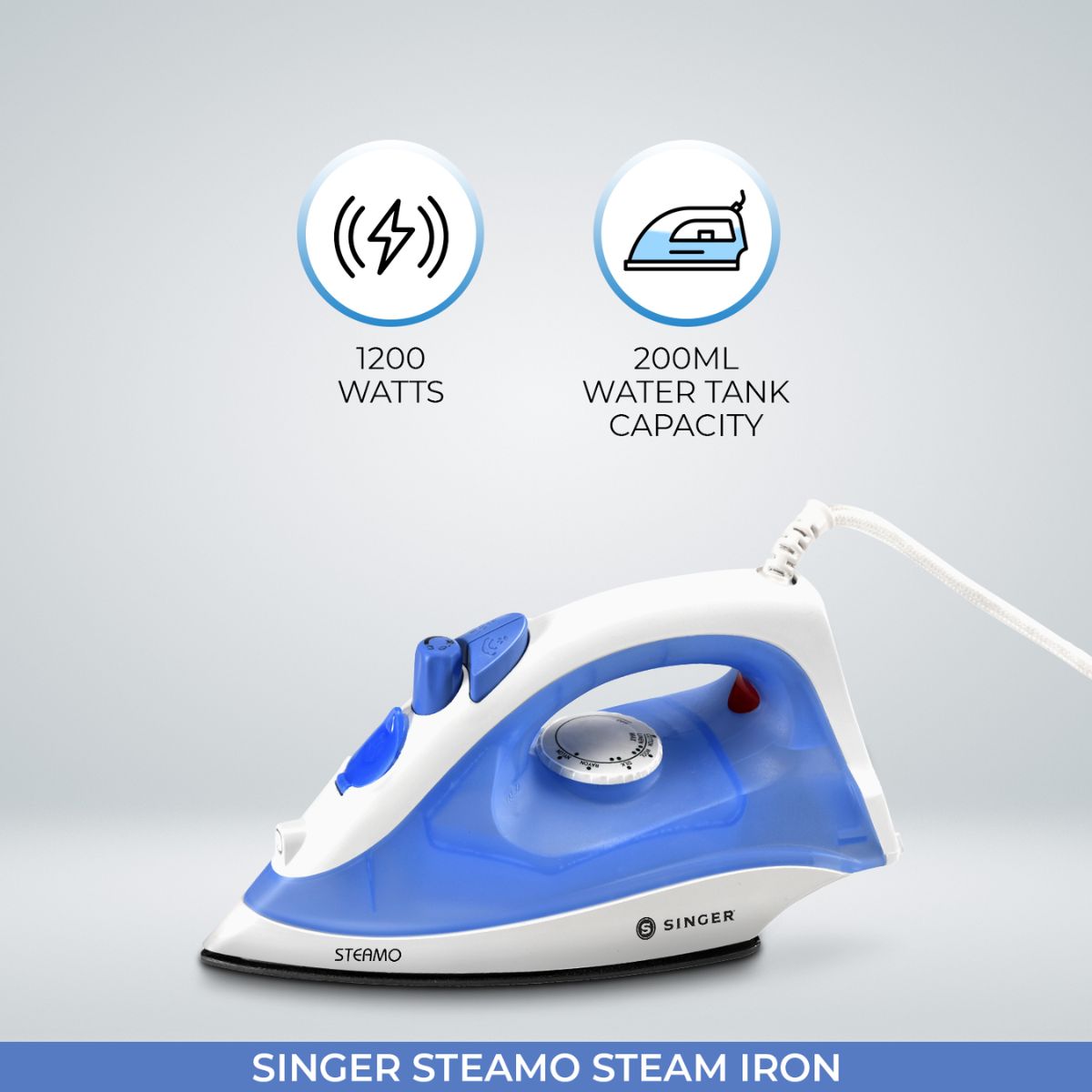 Singer Steamo 1200W Steam Iron | Dry Steam Spray Function | Non-Stick Sole Plate | Vertical Steam Burst | 2 Years Warranty