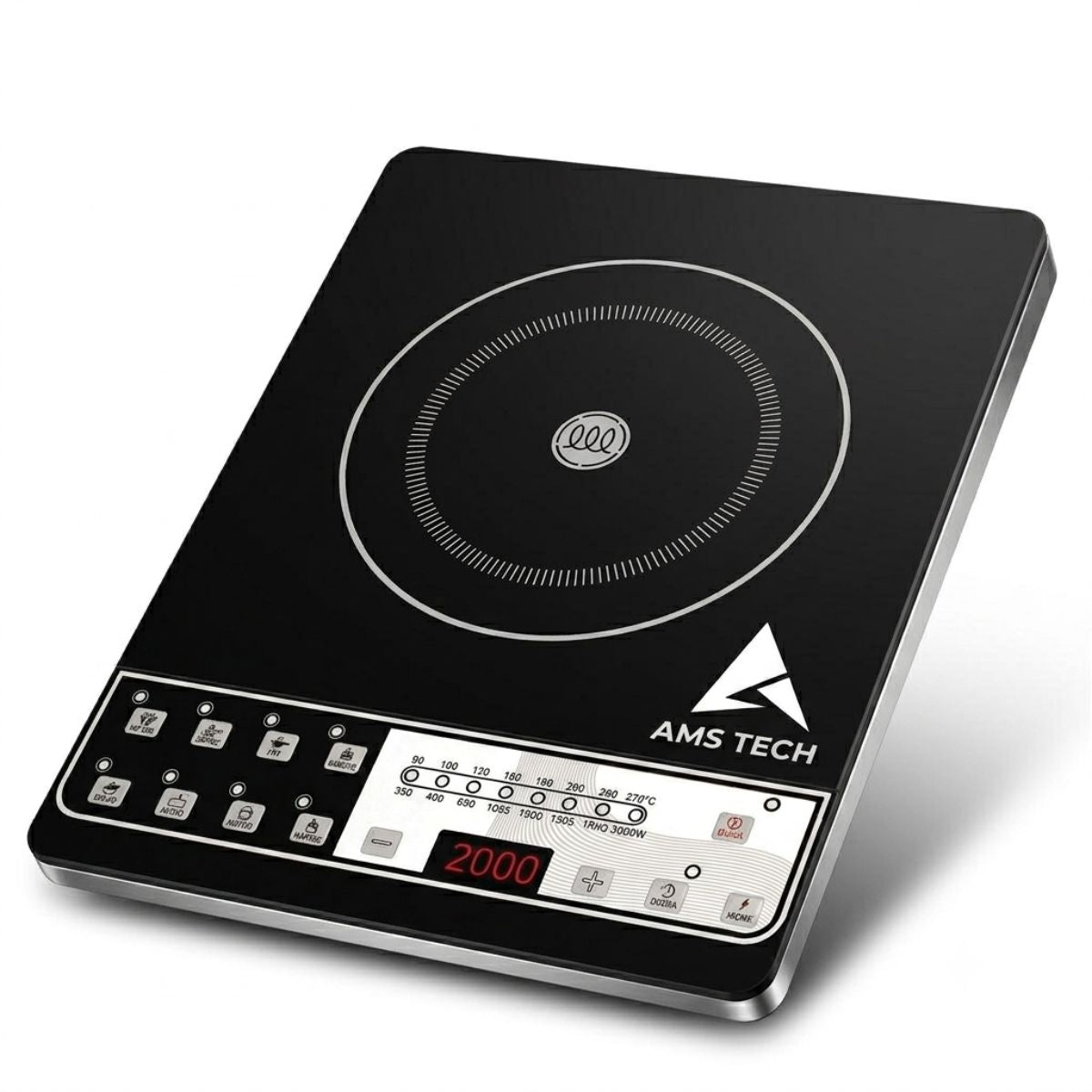 AMSTECH 2000W Induction Cooktop | Push Control | 4 Hours Timer | 24 Preset Functions | Spill Proof | Black