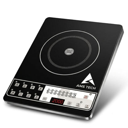 AMSTECH 2000W Induction Cooktop | Push Control | 4 Hours Timer | 24 Preset Functions | Spill Proof | Black