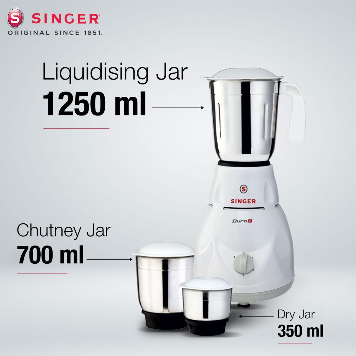 Singer Duro Plus 500W Mixer Grinder | 3 Stainless Steel Jars | Anti-Slip Feet | Shock Proof ABS Body | 1 Years Warranty