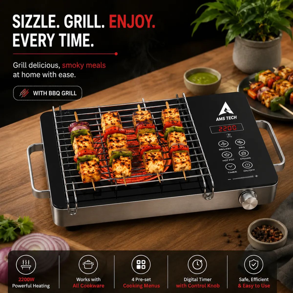 AMSTECH 2200W Infrared Cooktop + BBQ GRILL FREE | 4-Digit LED Display | 4-Hour Time | Super Heat Resistance | 1 Year Warranty at Dealers Point