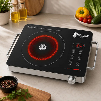Holonix 2200W Infrared Cooktop + BBQ GRILL | Crystal Glass Surface | Touch Control | Digital Timer | 1 Year Warranty