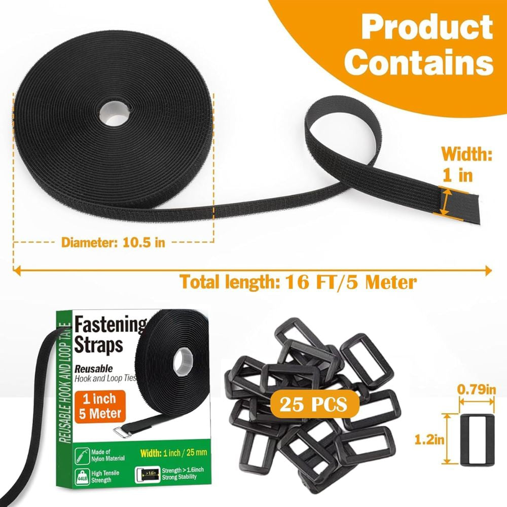 BEXT Hook & Loop Velcro Straps with Buckles for Cable & Wire Management | Adjustable Reusable Cinch Ties (5M x 1 Inch)
