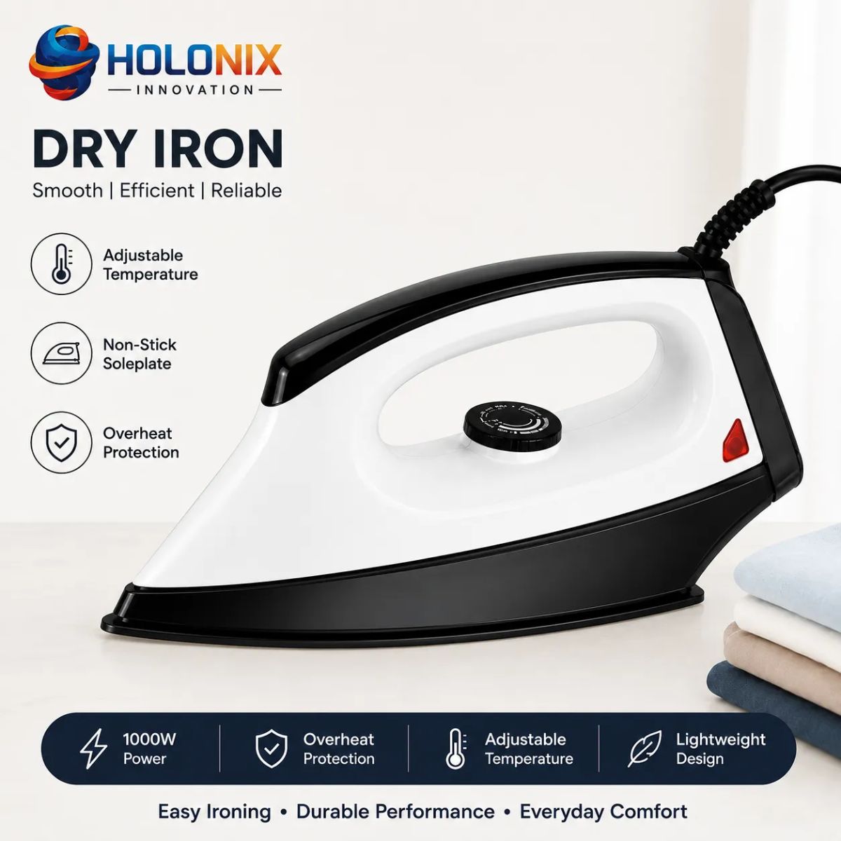 Holonix 1000W Dry Iron-01 | Non-Stick Soleplate | Adjustable Temperature Control | 1 Year Warranty