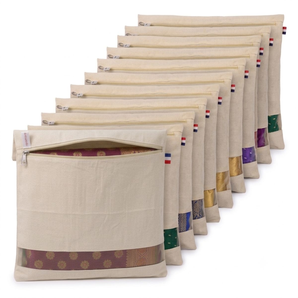 Raremore Pack of 12 Premium Cotton Saree Covers | GSM Fabric | Transparent Mesh Window | Zipper Closure | Washable & Reusable | Beige | 16 × 14 Inches