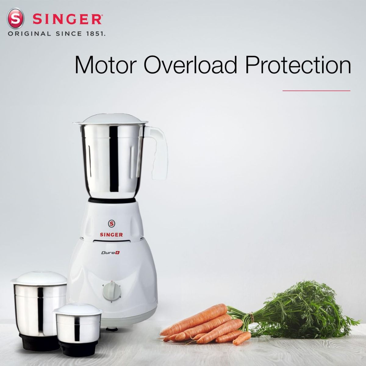 Singer Duro Plus 500W Mixer Grinder | 3 Stainless Steel Jars | Anti-Slip Feet | Shock Proof ABS Body | 1 Years Warranty