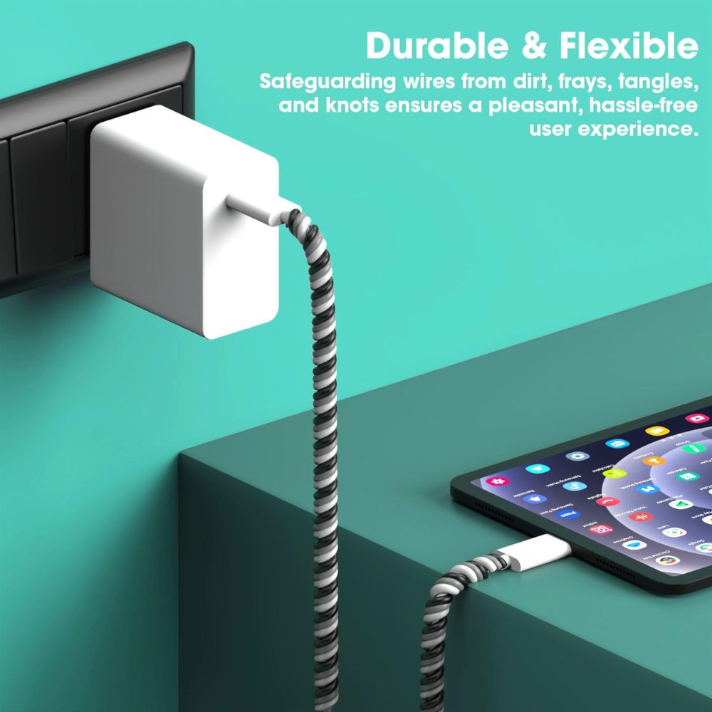 BEXT (2Pcs) Spiral Cable Protector for Charging & Data Cables | Headphone & USB Cable Protective Sleeve | Pet-Safe Wire Cover (Black & Grey)