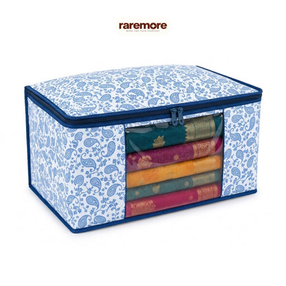 Raremore Pack of 6 Premium Non-Woven Printed Saree Storage Box | 9 Inch | Cloth Storage & Wardrobe Organizer | Transparent Window | Dual Zipper with Chain Lock | 45 × 34 × 22 cm | Blue | Paisley Printed
