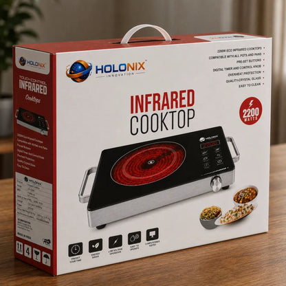 Holonix 2200W Infrared Cooktop + BBQ GRILL | Crystal Glass Surface | Touch Control | Digital Timer | 1 Year Warranty
