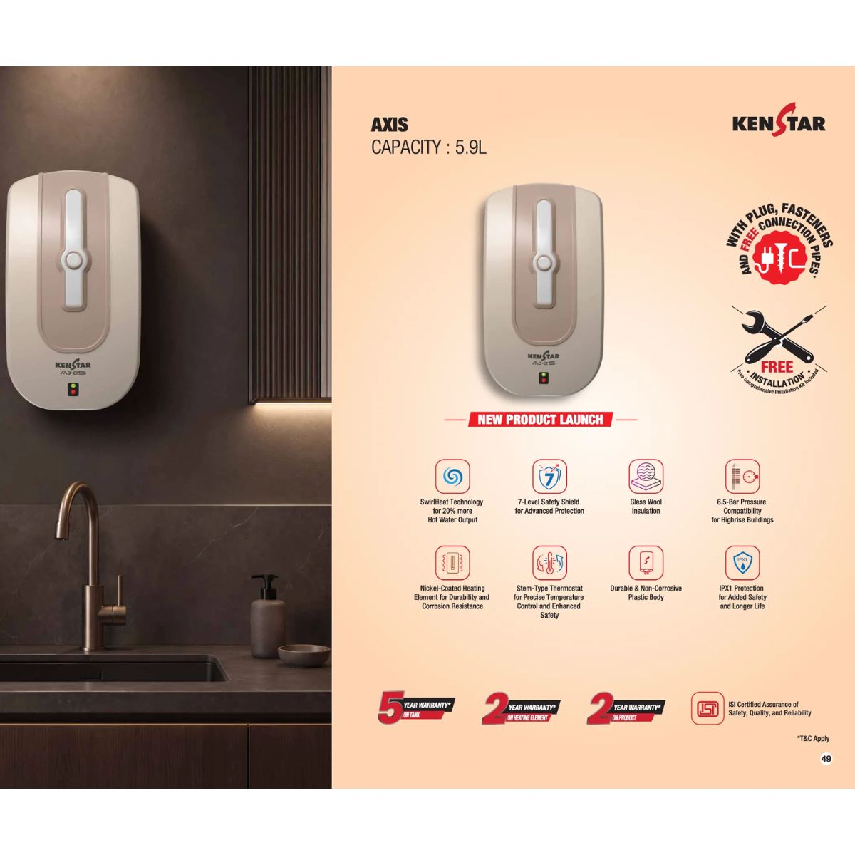 Kenstar AXIS 5.9L 3KW Instant Water Heater | SwirlHeat Technology | 6.5 Bar Pressure | 7-Level Safety Shield | 2 Years Warranty