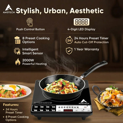 AMSTECH 2000W Induction Cooktop | Push Control | 4 Hours Timer | 24 Preset Functions | Spill Proof | Black