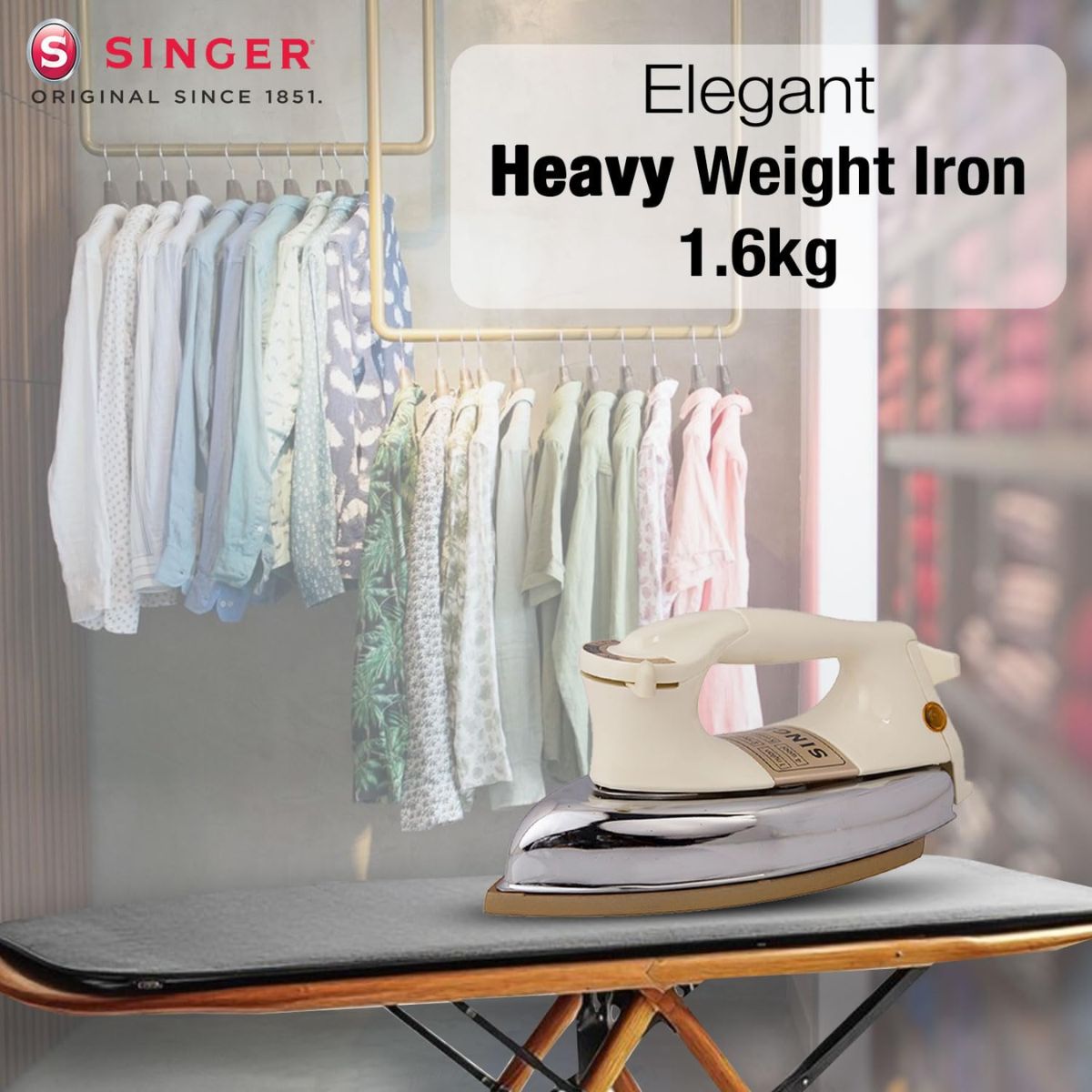 Singer Shakti Plus 1.6Kg Heavy Weight Dry Iron | 1000 Watt | Quick Heat-Up | Golden Advanced Soleplate | Adjustable Thermostat | ISI Approved | 2 Years Warranty