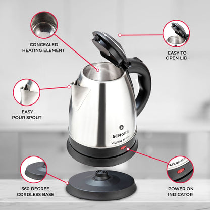 Singer Cutie DX 1.5L Electric Kettle | 1500W Power | Concealed Heating Element | 2 Years Warranty