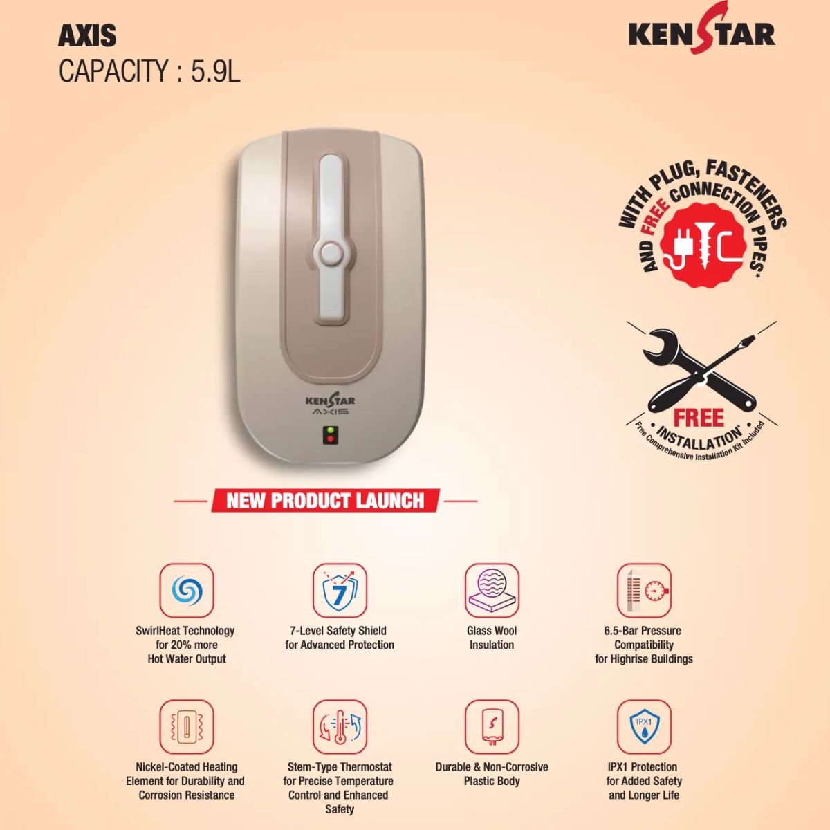 Kenstar AXIS 5.9L 3KW Instant Water Heater | SwirlHeat Technology | 6.5 Bar Pressure | 7-Level Safety Shield | 2 Years Warranty