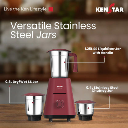 Kenstar Karishmatic 500W Mixer Grinder | 3 Stainless Steel Jars | Power Plus Turbo Motor | SS Ultima Blades| 2 Years Warranty