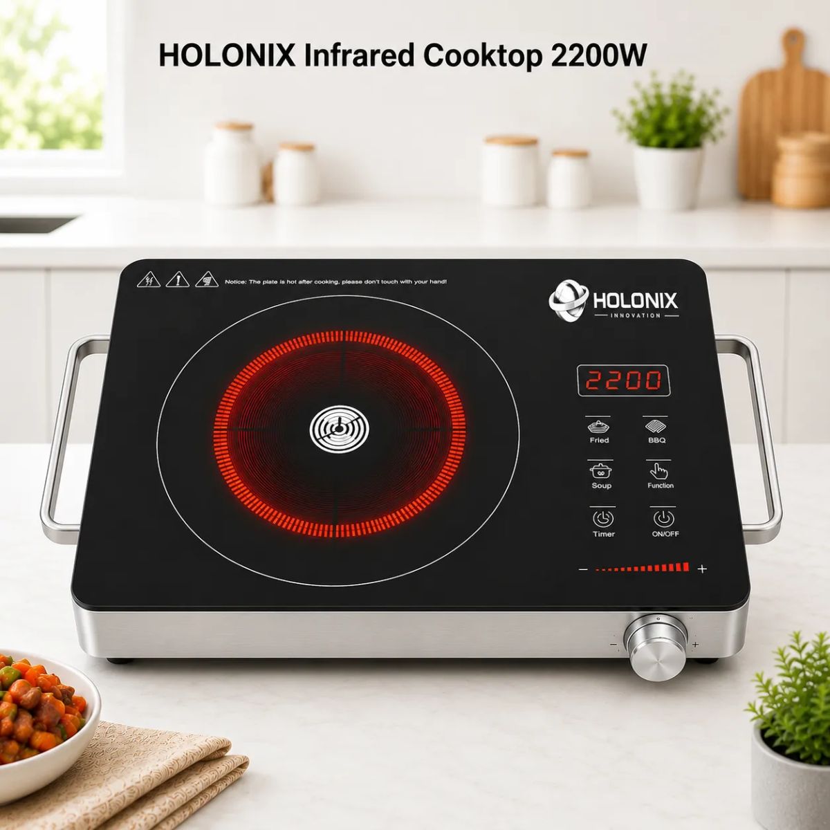 Holonix 2200W Infrared Cooktop + BBQ GRILL | Crystal Glass Surface | Touch Control | Digital Timer | 1 Year Warranty