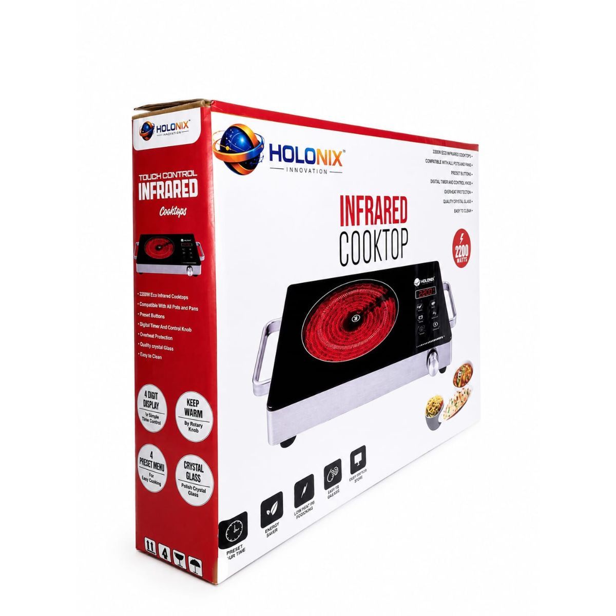 Holonix 2200W Infrared Cooktop | Crystal Glass Surface | Touch Control | Digital Timer | 1 Year Warranty