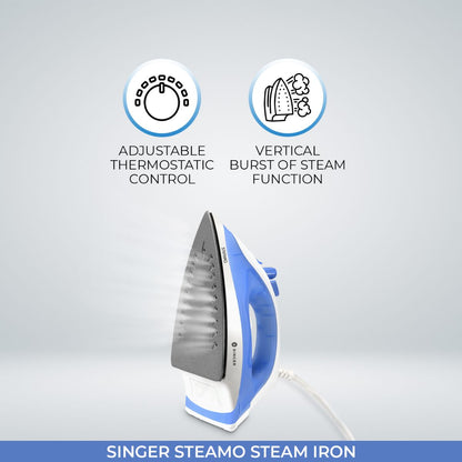 Singer Steamo 1200W Steam Iron | Dry Steam Spray Function | Non-Stick Sole Plate | Vertical Steam Burst | 2 Years Warranty