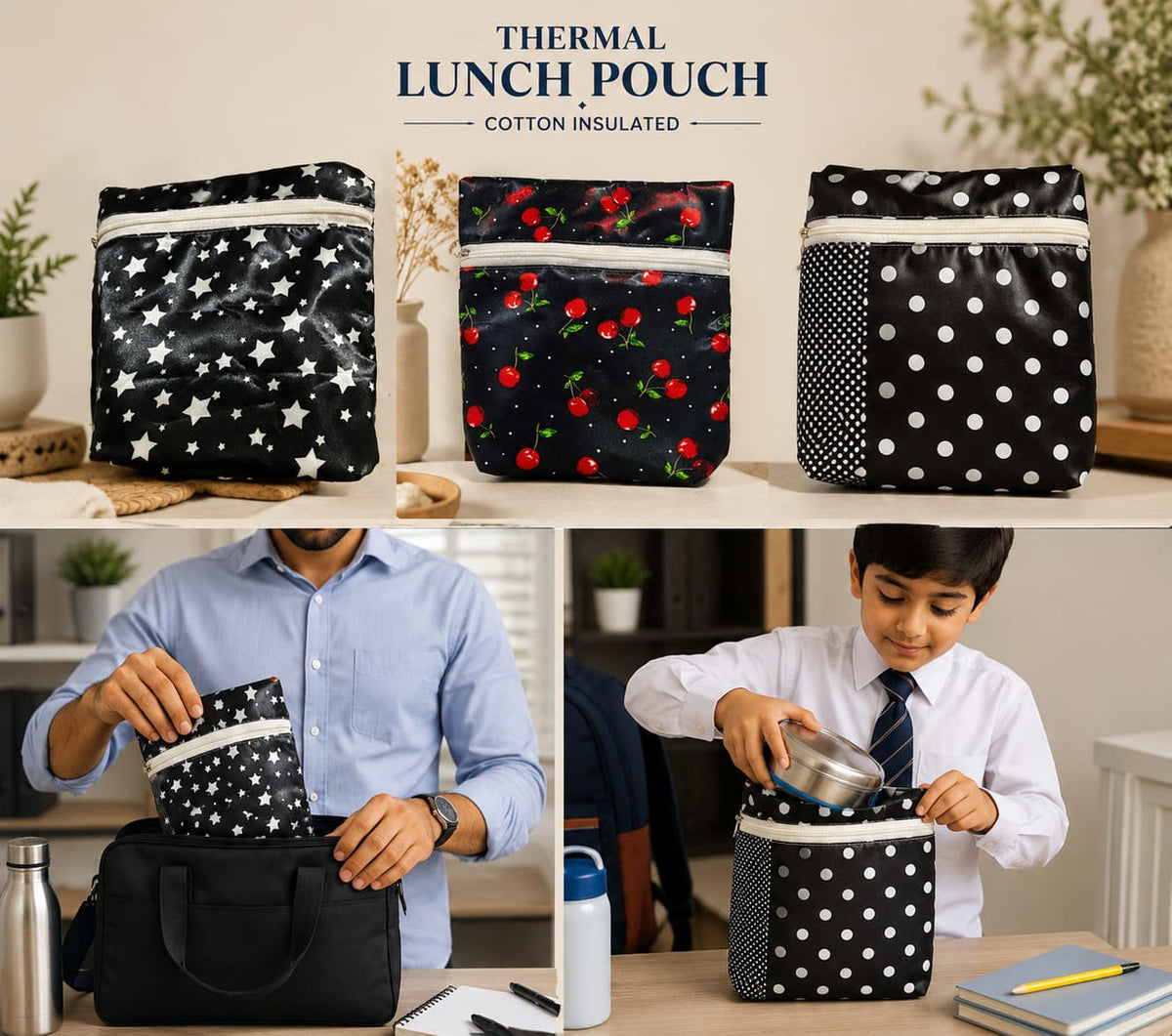 Big Thermal Lunch Pouch | Cotton Insulated Tiffin Cover Bag for Office & School | Random Print