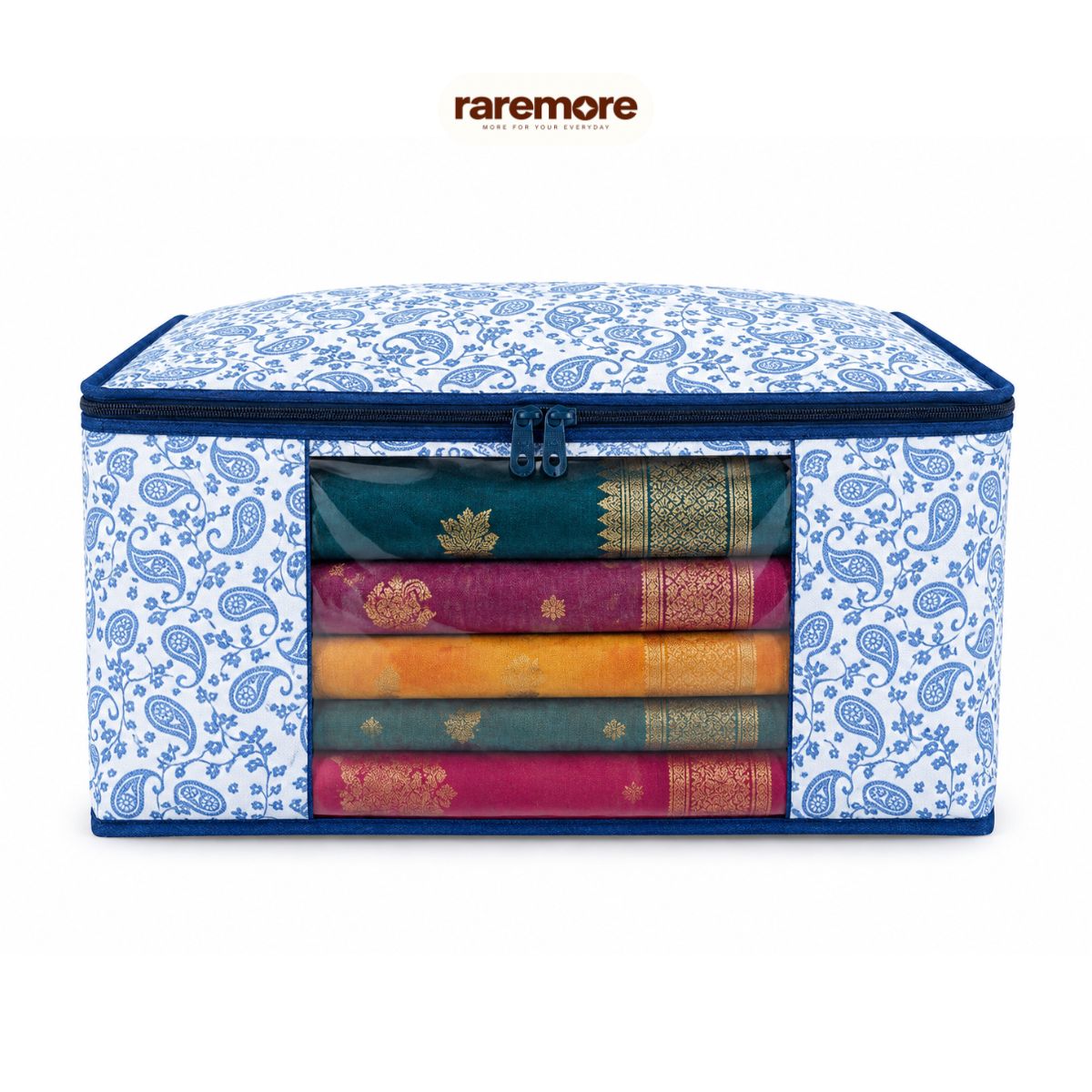 Raremore Pack of 6 Premium Non-Woven Printed Saree Storage Box | 9 Inch | Cloth Storage & Wardrobe Organizer | Transparent Window | Dual Zipper with Chain Lock | 45 × 34 × 22 cm | Blue | Paisley Printed