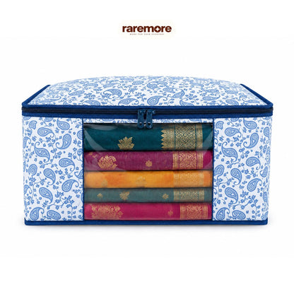 Raremore Pack of 6 Premium Non-Woven Printed Saree Storage Box | 9 Inch | Cloth Storage & Wardrobe Organizer | Transparent Window | Dual Zipper with Chain Lock | 45 × 34 × 22 cm | Blue | Paisley Printed