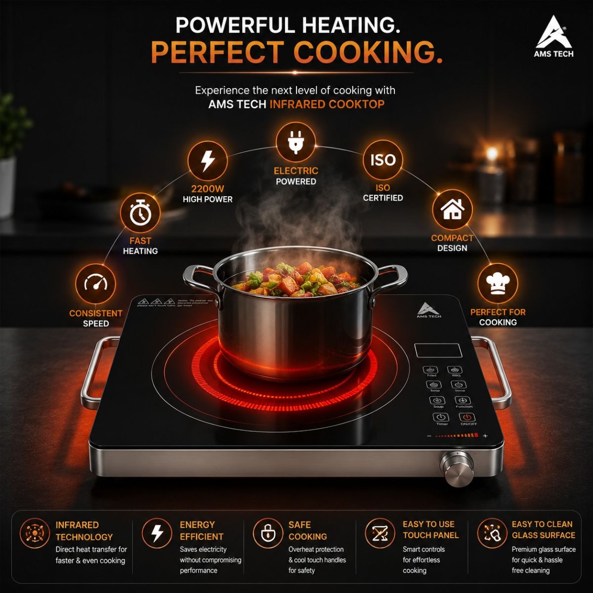 AMSTECH 2200W Infrared Cooktop + BBQ GRILL FREE | 4-Digit LED Display | 4-Hour Time | Super Heat Resistance | 1 Year Warranty at Dealers Point