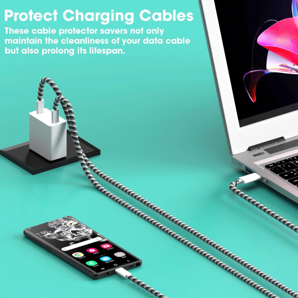 BEXT (2Pcs) Spiral Cable Protector for Charging & Data Cables | Headphone & USB Cable Protective Sleeve | Pet-Safe Wire Cover (Black & Grey)