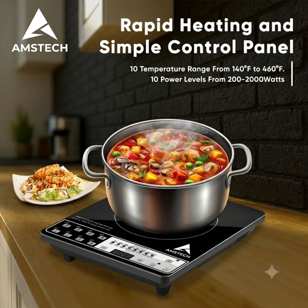 AMSTECH 2000W Induction Cooktop | Push Control | 4 Hours Timer | 24 Preset Functions | Spill Proof | Black
