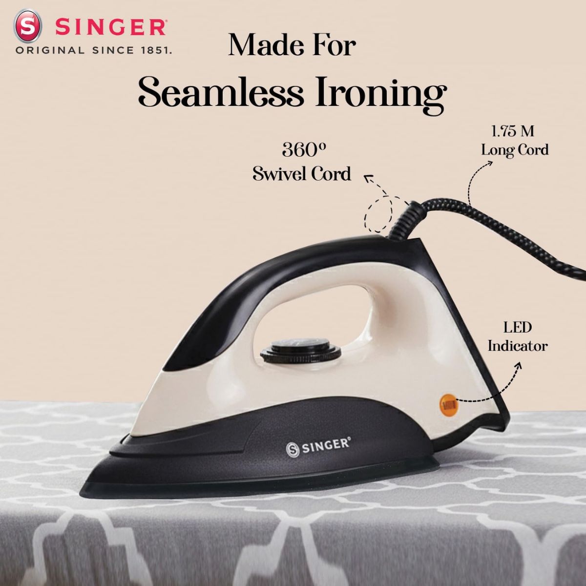 Singer Auro 1000W Dry Iron | Double Coated Teflon Sole Plate | Adjustable Temperature Control | ISI Mark | 2 Years Warranty