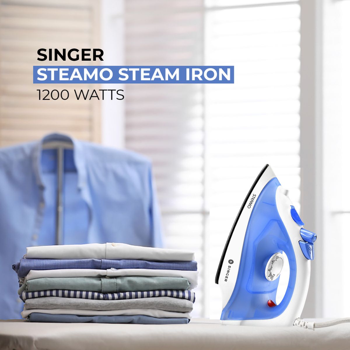 Singer Steamo 1200W Steam Iron | Dry Steam Spray Function | Non-Stick Sole Plate | Vertical Steam Burst | 2 Years Warranty