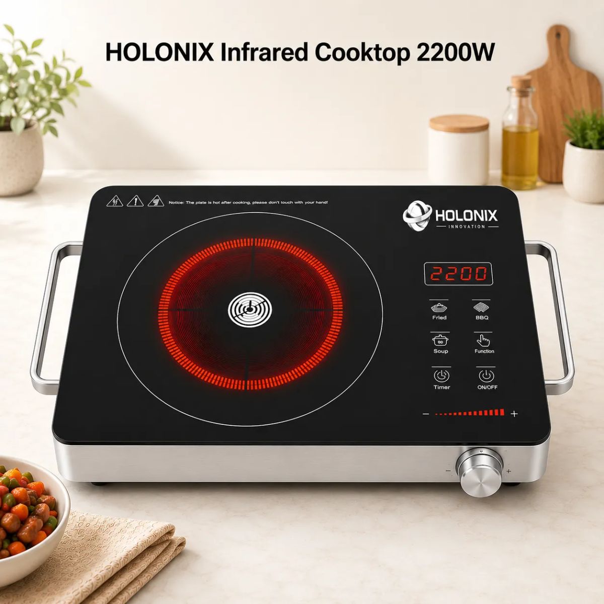 Holonix 2200W Infrared Cooktop + BBQ GRILL | Crystal Glass Surface | Touch Control | Digital Timer | 1 Year Warranty