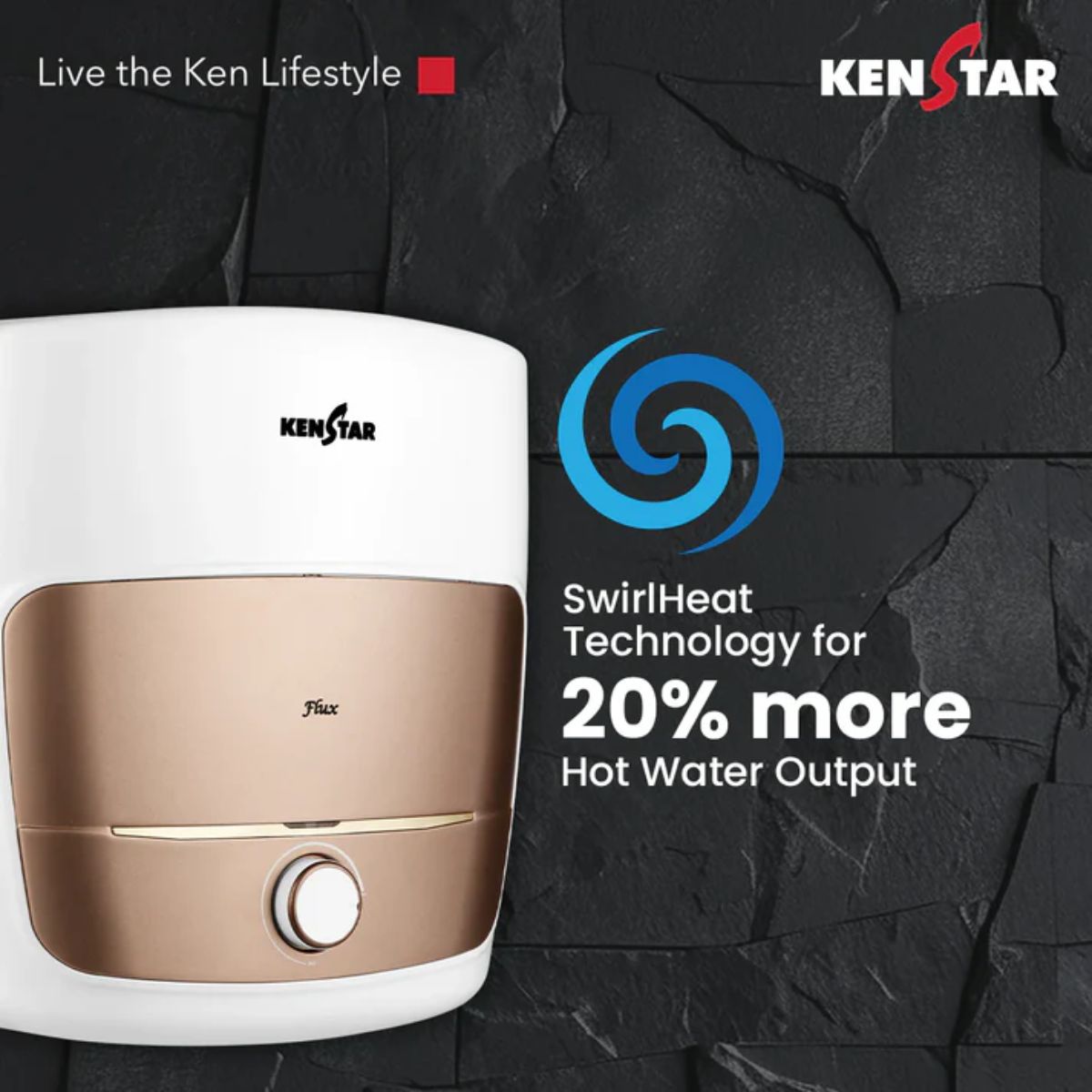 Kenstar Flux 15L 5 Star Storage Water Heater | Square Design | Polymer Tank | SwirlHeat Technology | 2 Years Warranty