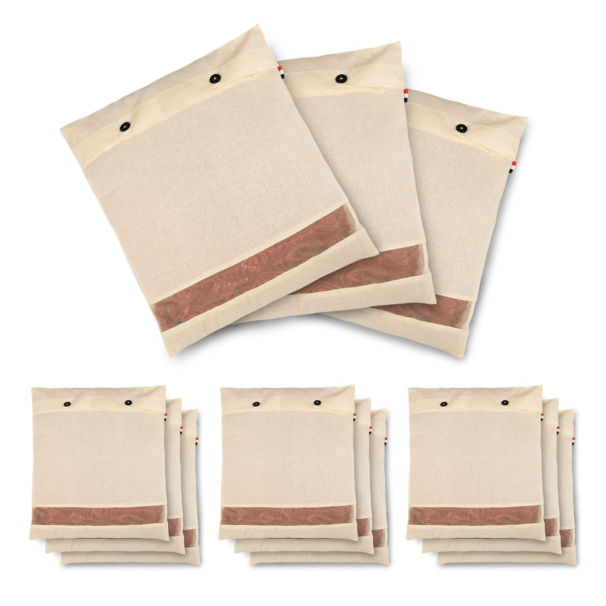 Raremore Cotton Saree Bags/Covers for Storage | Set of 12 | Big Size Single | Button Closure | Clothes & Wardrobe Organizer | Transparent Mesh Window | Pack of 12 | Beige (Copy)