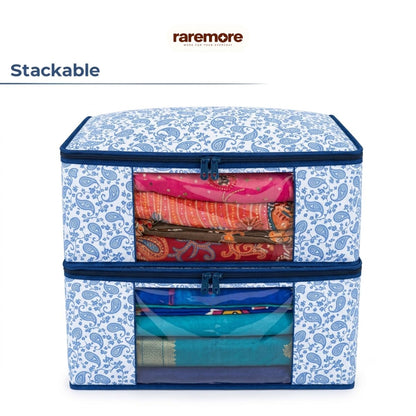 Raremore Pack of 6 Premium Non-Woven Printed Saree Storage Box | 9 Inch | Cloth Storage & Wardrobe Organizer | Transparent Window | Dual Zipper with Chain Lock | 45 × 34 × 22 cm | Blue | Paisley Printed