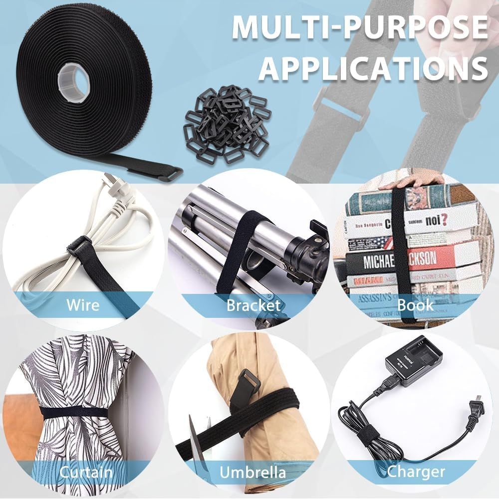 BEXT Hook & Loop Velcro Straps with Buckles for Cable & Wire Management | Adjustable Reusable Cinch Ties (5M x 1 Inch)