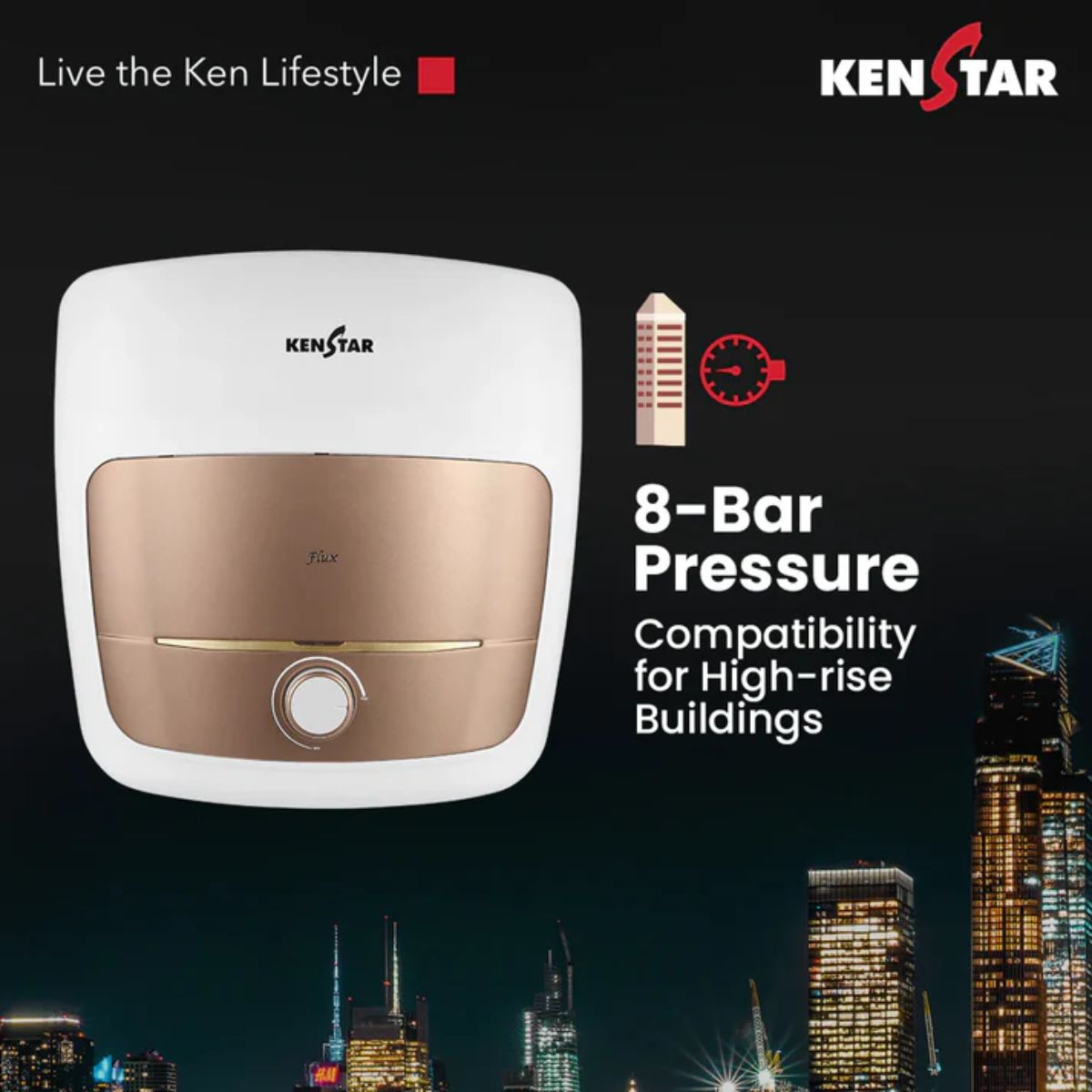 Kenstar Flux 15L 5 Star Storage Water Heater | Square Design | Polymer Tank | SwirlHeat Technology | 2 Years Warranty