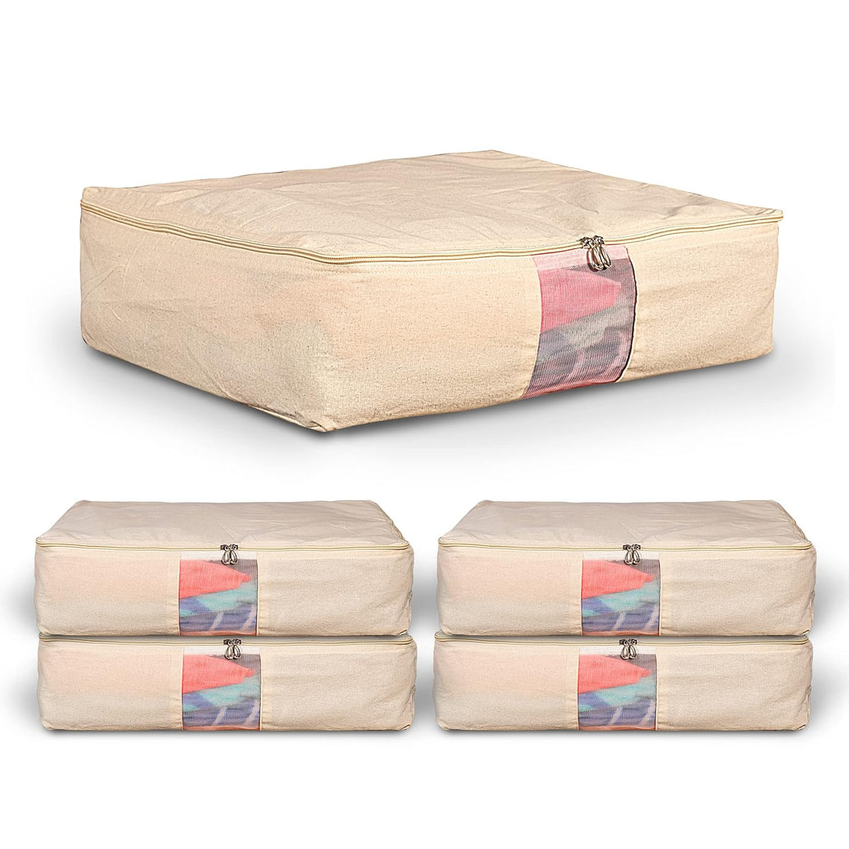 Raremore Cotton Clothes Storage Box/Covers/Bags With Zip | Wardrobe Organizer for Huge Silk Saree, Big Lehenga, Dresses, Shirts, Trousers, Gown & Quilts | Pack of 5 | Beige