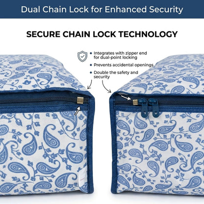 Raremore Pack of 6 Premium Non-Woven Printed Saree Storage Box | 9 Inch | Cloth Storage & Wardrobe Organizer | Transparent Window | Dual Zipper with Chain Lock | 45 × 34 × 22 cm | Blue | Paisley Printed