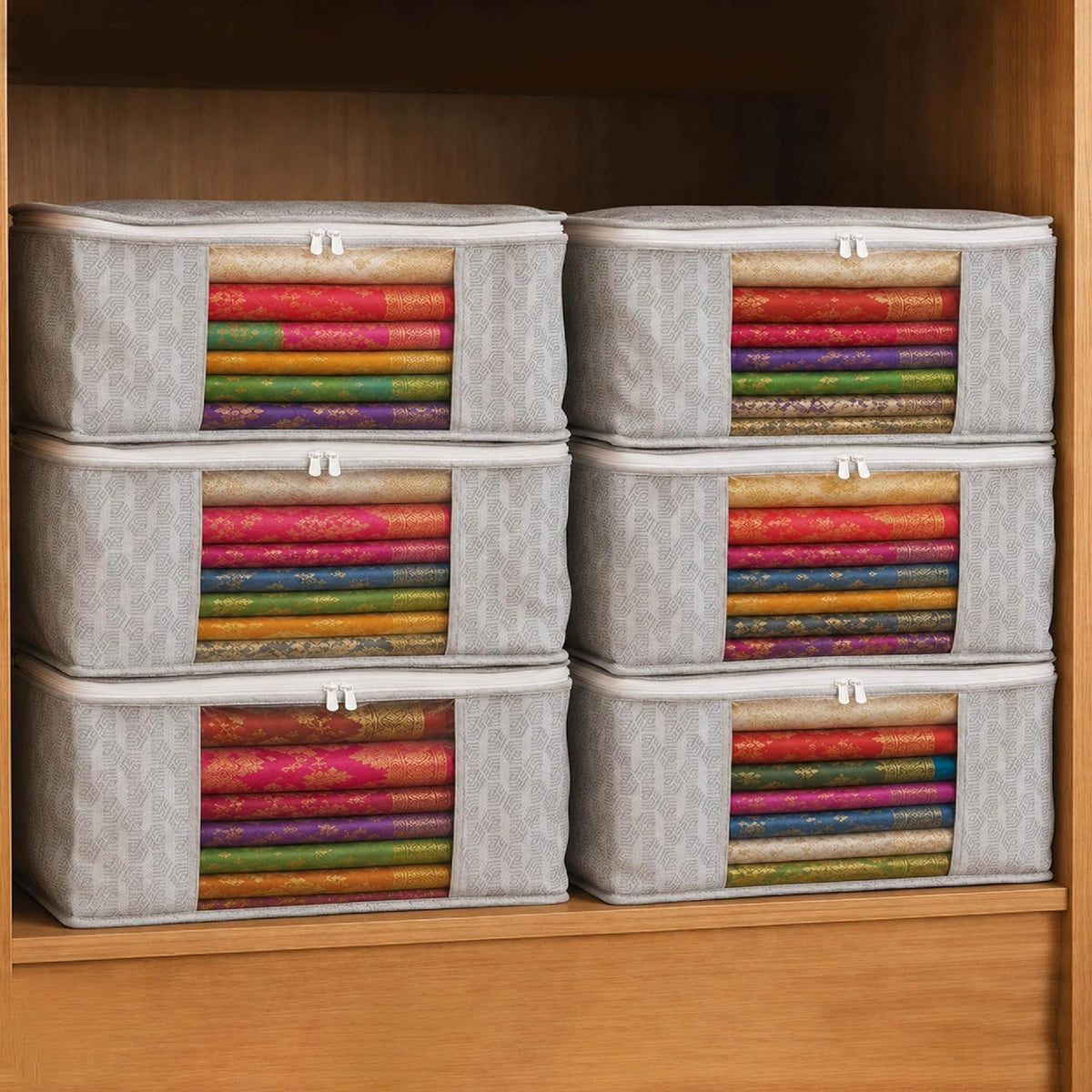 Raremore Non-Woven Printed Saree Organizer Box | Cloth Storage & Wardrobe Organizer | Transparent Window | Zipper Closure | Pack of 4 | Grey