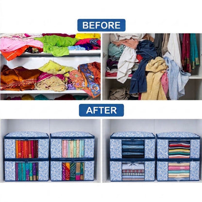 Raremore Pack of 6 Premium Non-Woven Printed Saree Storage Box | 9 Inch | Cloth Storage & Wardrobe Organizer | Transparent Window | Dual Zipper with Chain Lock | 45 × 34 × 22 cm | Blue | Paisley Printed