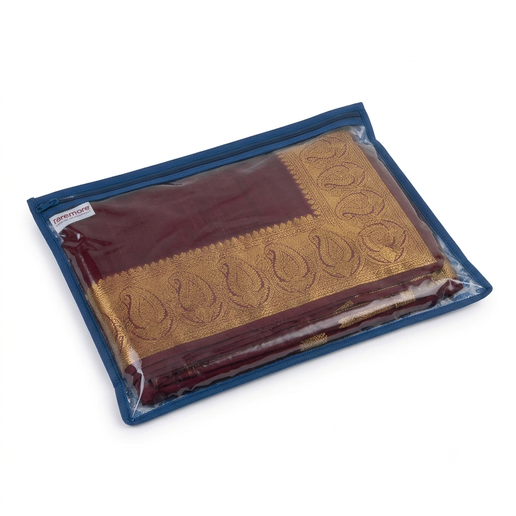 Raremore Pack of 12 Premium Single Saree Covers | Transparent Top | Foldable & Zipper Closure | Clothes Storage Bag & Wardrobe Organizer | Blue Paisley Print | 17 x 14 Inch