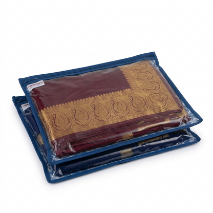 Raremore Pack of 12 Premium Single Saree Covers | Transparent Top | Foldable & Zipper Closure | Clothes Storage Bag & Wardrobe Organizer | Blue Paisley Print | 17 x 14 Inch